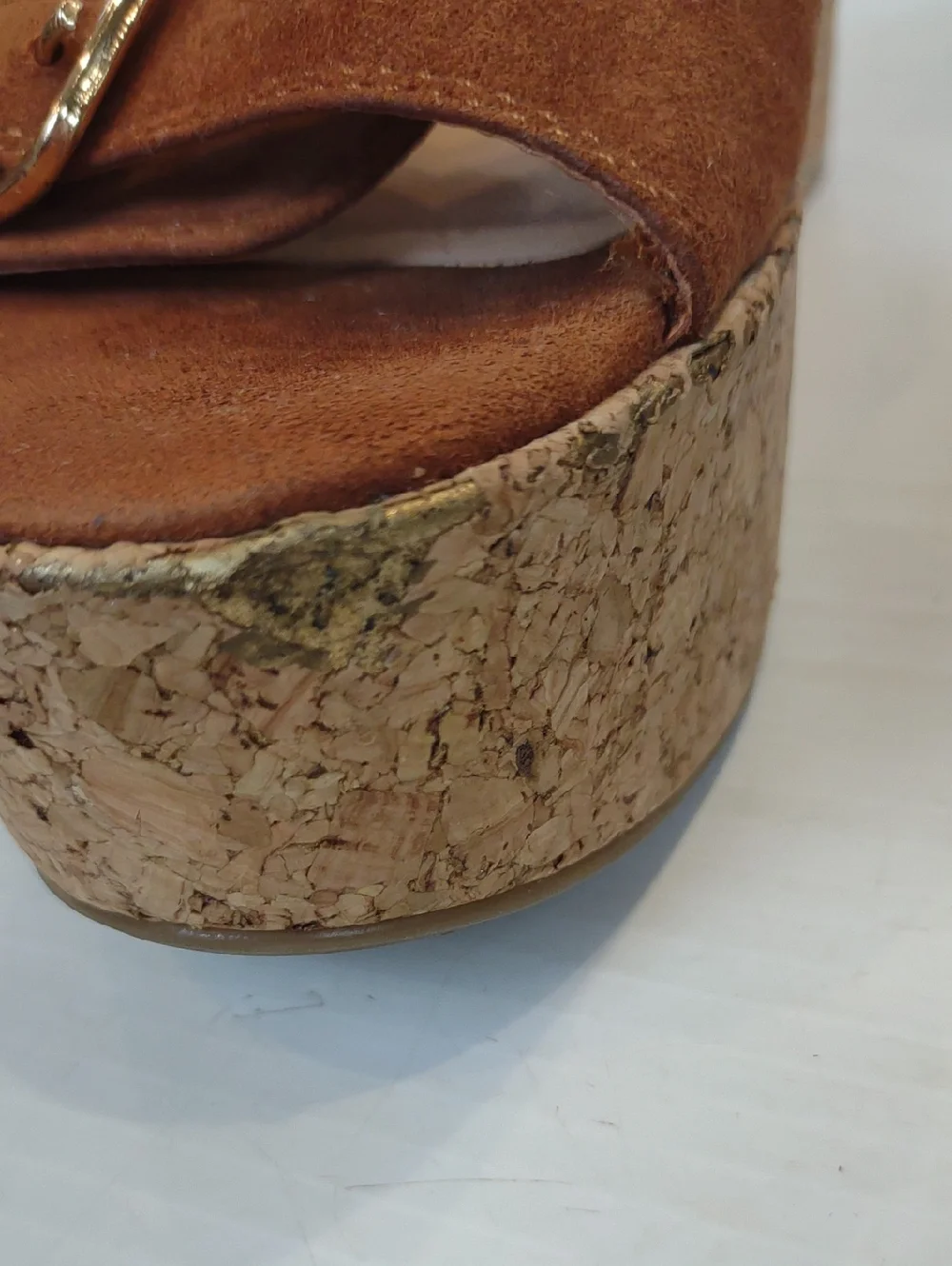 Dolce Vita Hazelwood Brown Suede Cork Wedge Slide with Gold-Tone Buckle Detail